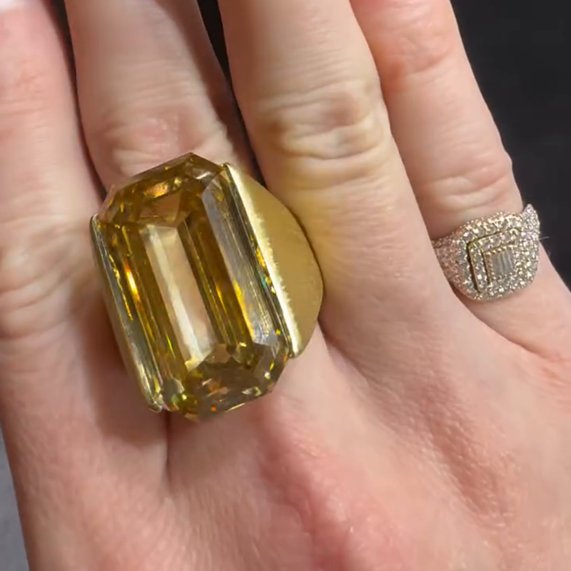 Handmade 25ct Emerald Cut Yellow Sapphire Yellow Gold Sand-Blasted Men's Ring