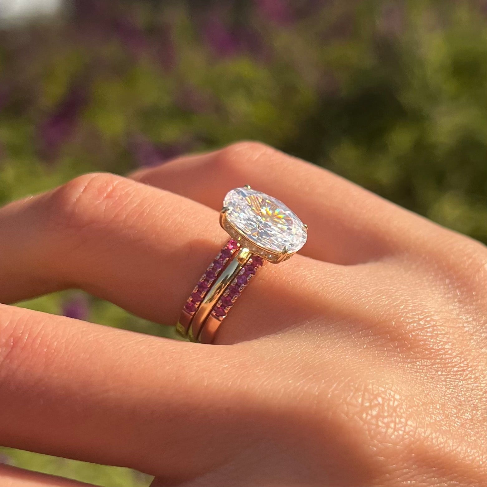 Vintage 3 Pcs Oval Cut Hidden Halo Design Sterling Silver Bridal Set With Ruby Band