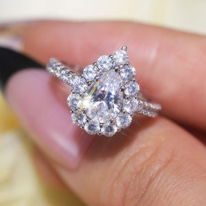 Stunning Pear Cut Halo Design Sterling Silver Engagement Ring