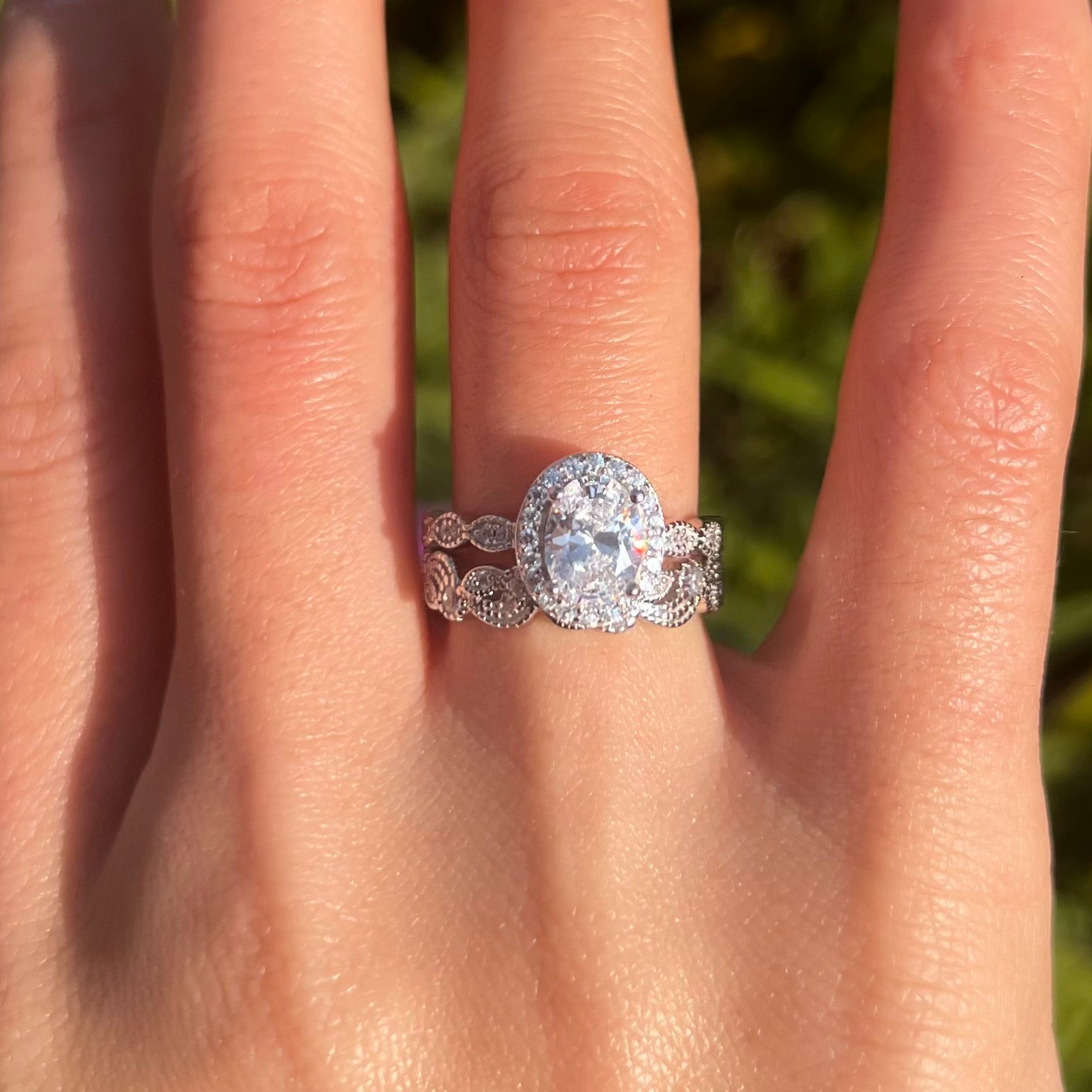 Unique 2 Pcs Oval Cut Halo Sterling Silver Bridal Set With Lace Band