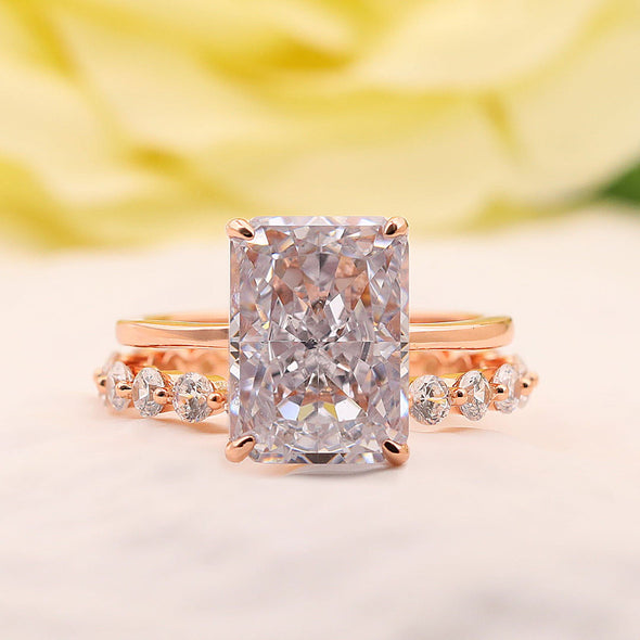 Stunning Radiant Cut Sterling Silver Bridal Set In Rose Golden Tone