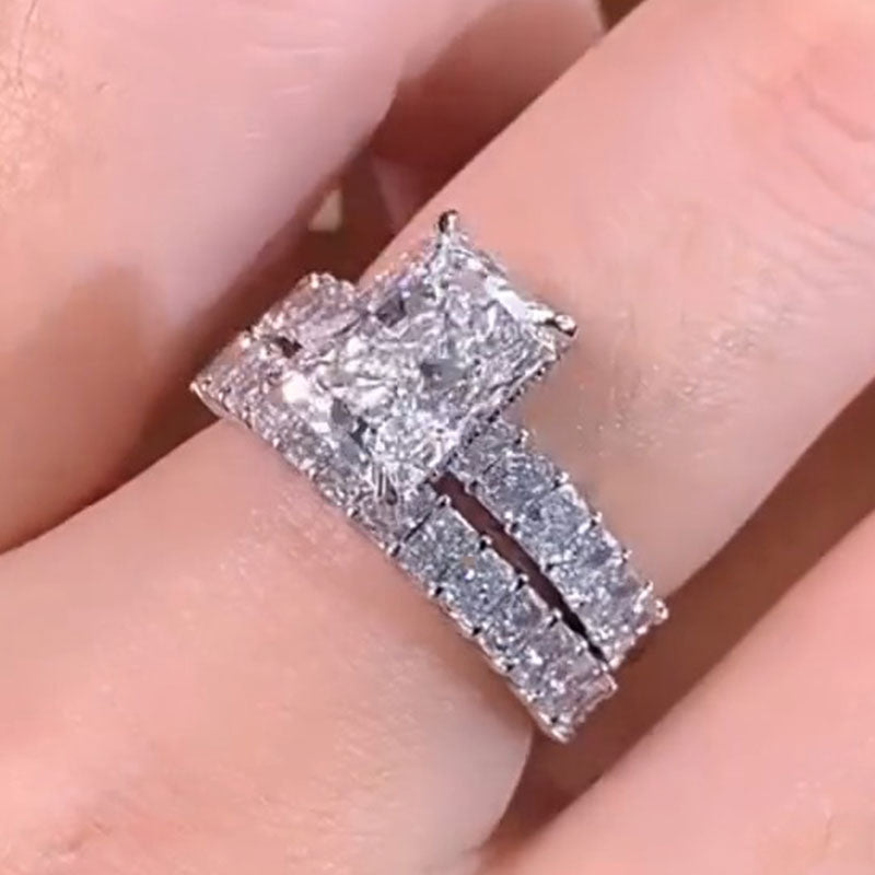 2Pcs Radiant Cut Sterling Silver Bridal Set with Eternity Band