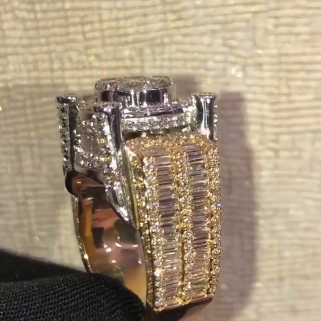 12ctw Round & Emerald Cut White Sapphire Handmade Men's Luxury Ring