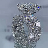 2Pcs Hidden Halo  Radiant Cut Sterling Silver Bridal Set Rings