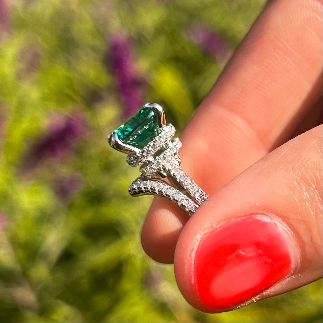 Vintage 2 Pcs Green Cushion Cut Hidden Halo Bridal Sets In Sterling Silver