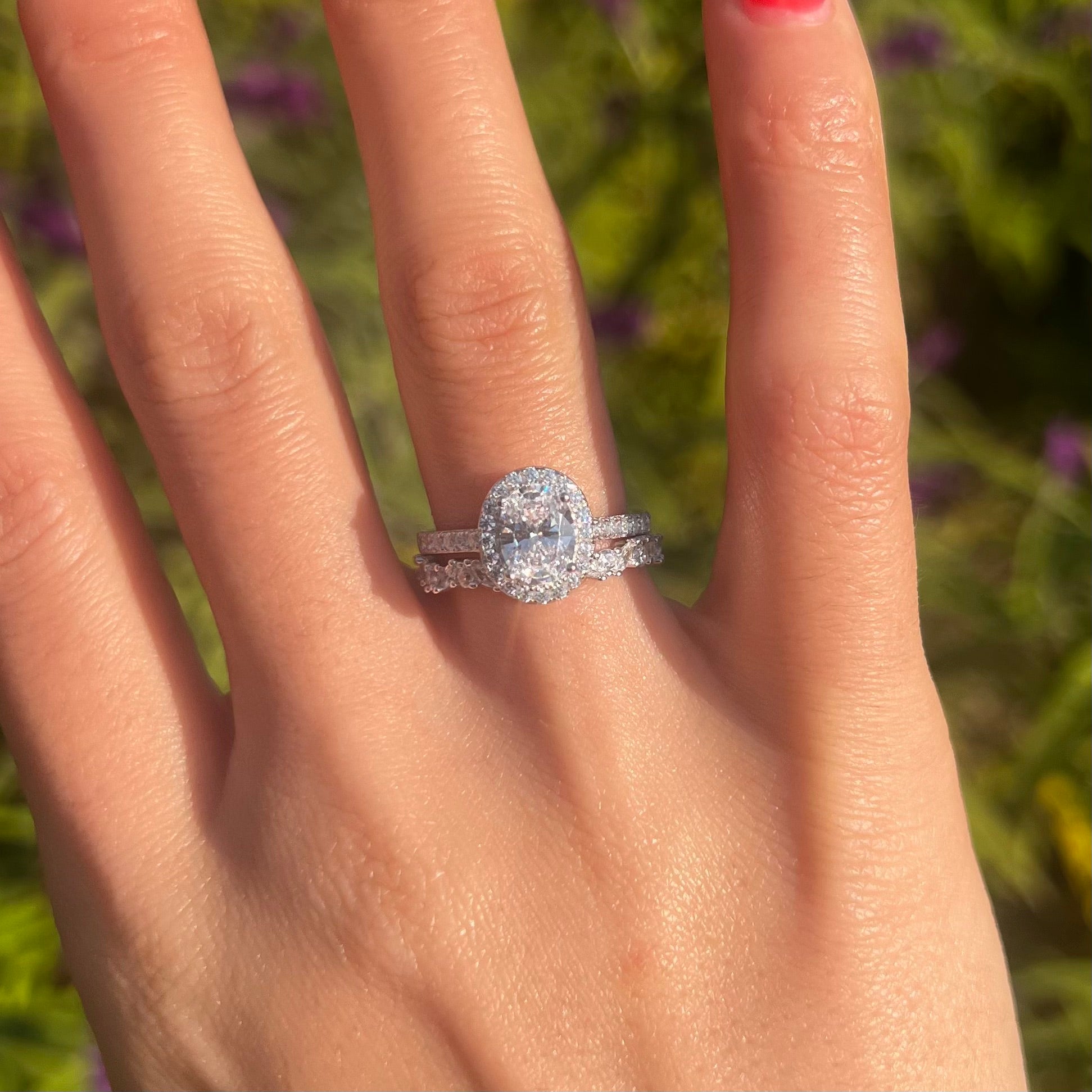 Elegant 2 Pcs Oval Cut Halo Sterling Silver Bridal Set