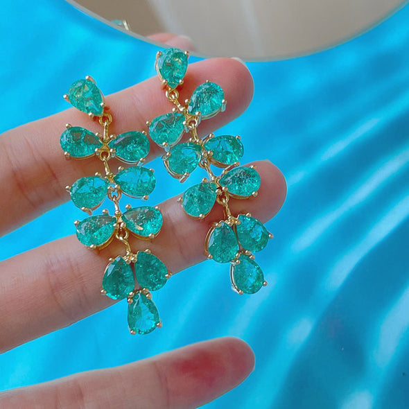 Golden Tone Emerald Green Simulate Crystal Leaves Drop Earrings