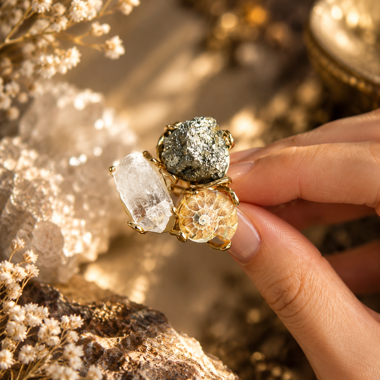 Unique Triple Stone Natural Raw Crystal Statement Ring