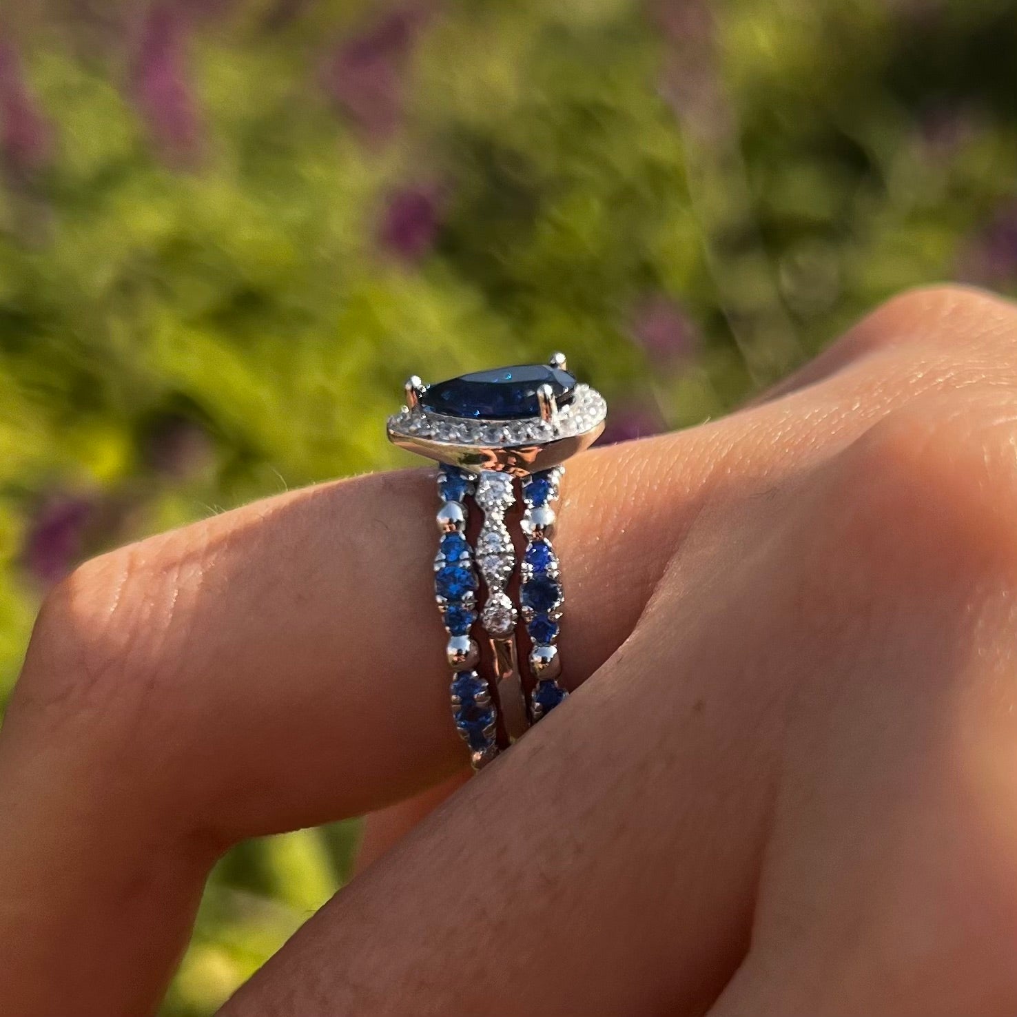 3 Pcs Blue Pear Cut Halo Bridal Set in Sterling Silver