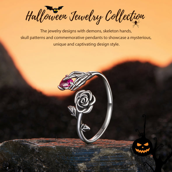 Halloween Rose ‌‌skeleton Heart Sterling Silver Open Ring