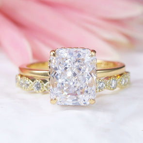 Stunning 2Pcs Radiant Cut Sterling Silver Ring Set With Half Eternity Band