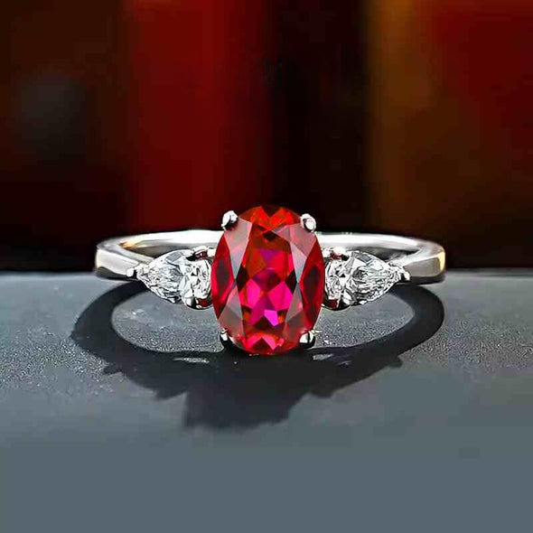 Classic Oval Cut Three Stone Ruby Sterling Silver Engagement Ring