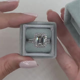 Halo Emerald Cut Sterling Silver Bridal Set with Side Stone Band
