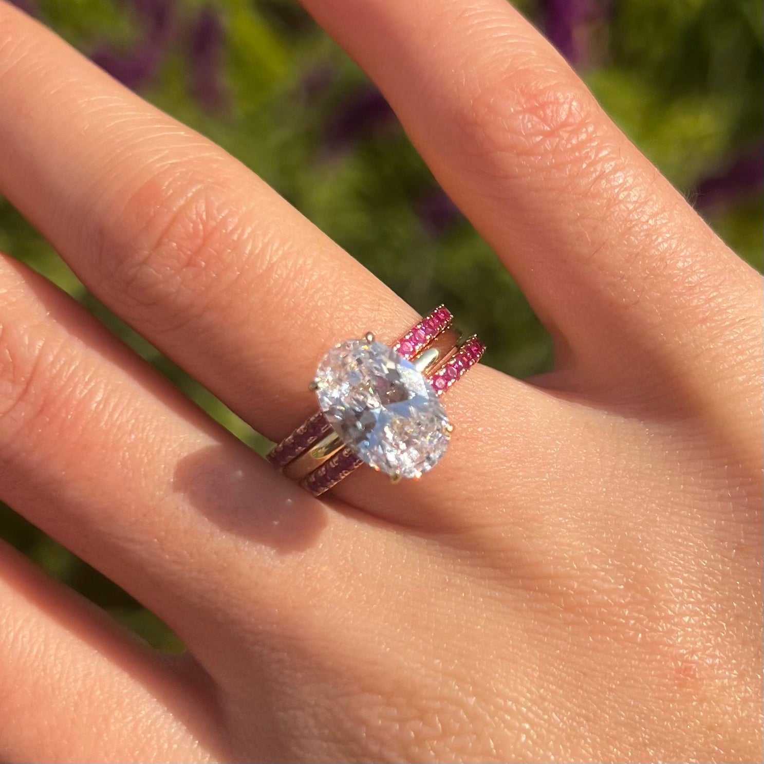 Vintage 3 Pcs Oval Cut Hidden Halo Design Sterling Silver Bridal Set With Ruby Band