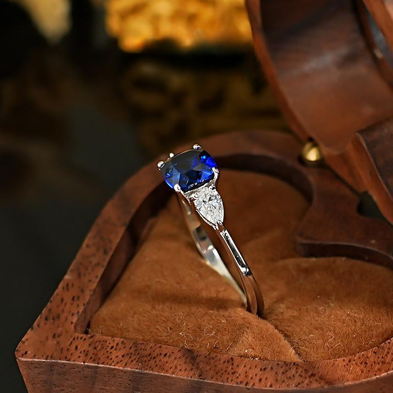 Three Stone Blue Cushion Cut Sterling Silver Ring