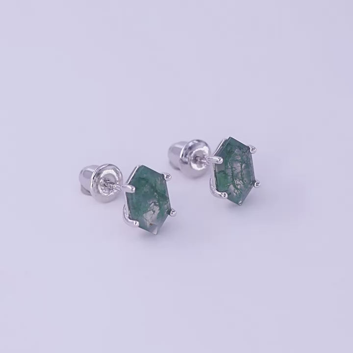Geometric Green Moss Agate Sterling Silver Stud Earrings