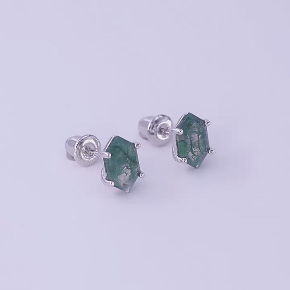 Geometric Green Moss Agate Sterling Silver Stud Earrings