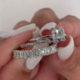 3pcs Cushion Cut with Emerald Band Bridal Set Rings In Sterling Silver