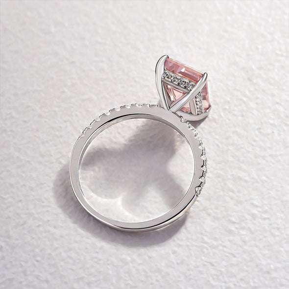 Hidden Halo Emerald Cut Morganite Pink Engagement Ring In Sterling Silver