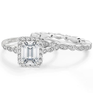2.0 CT Emerald Cut Halo Sterling Silver Ring Set
