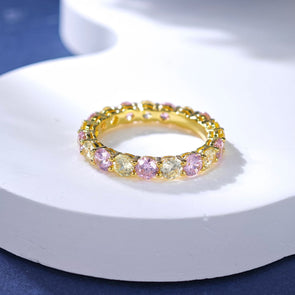 Yellow and Pink Gemstone Sterling Silver Eternity Wedding Band in Golden Tone