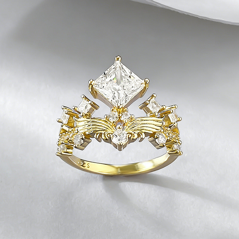 Princess Cut Crown Design Engagement Ring in Sterling Silver