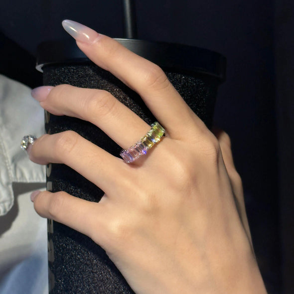 Rainbow Design Emerald Cut Eternity Band