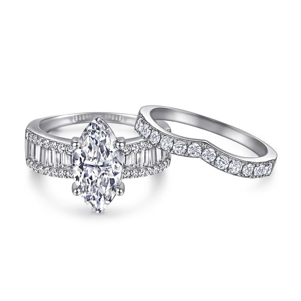 2pcs Marquise Cut Engagement Ring Set With Curved Band