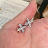 Moissanite Flower Cross Design Stud Earrings in Sterling Silver
