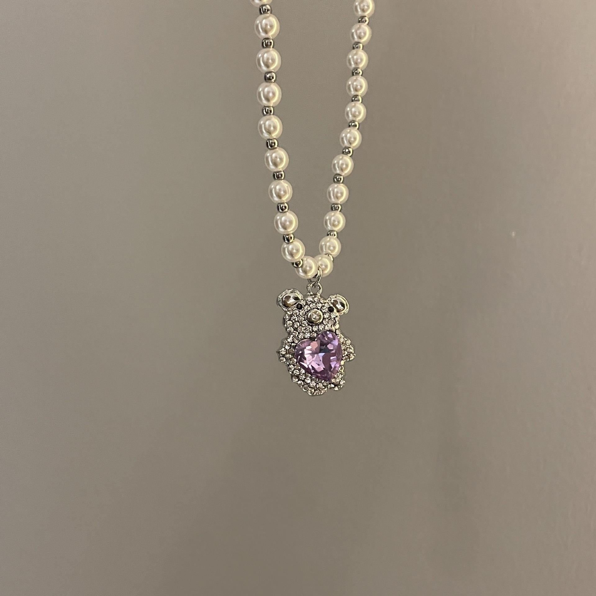 Chic Purple Heart Pearl Bear Pendant Necklace