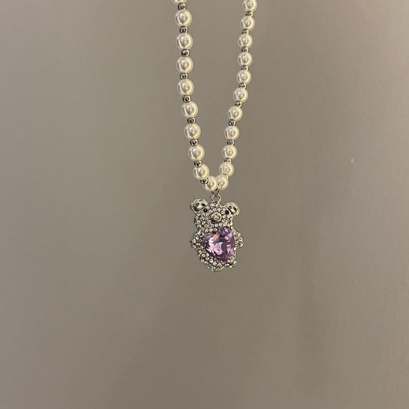 Chic Purple Heart Pearl Bear Pendant Necklace