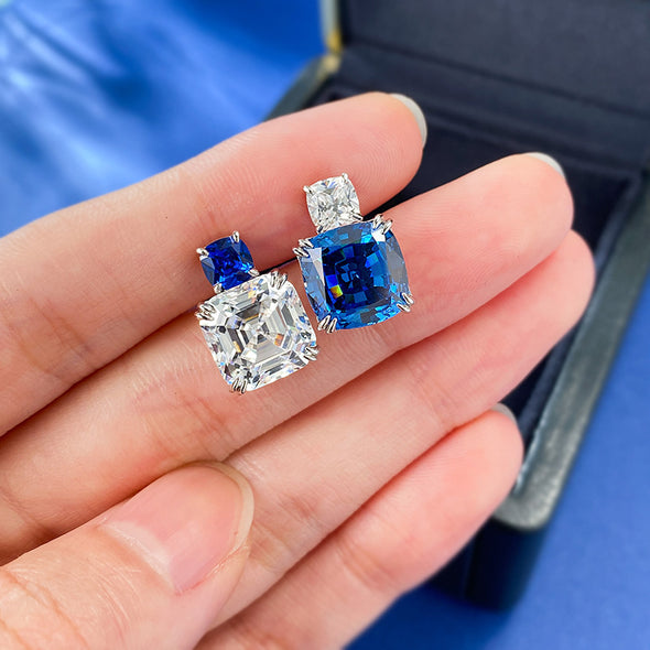 Asscher Cut and Cushion Cut Sapphire Blue Dangle Earrings in Sterling Silver