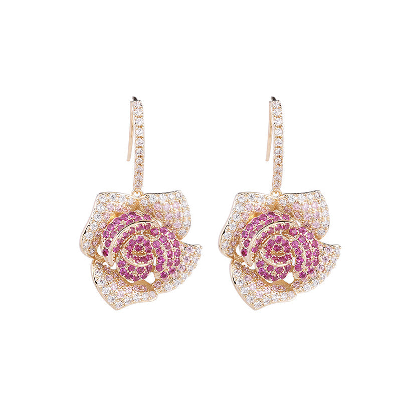 Rose Design Drop Earrings In Silver Tone