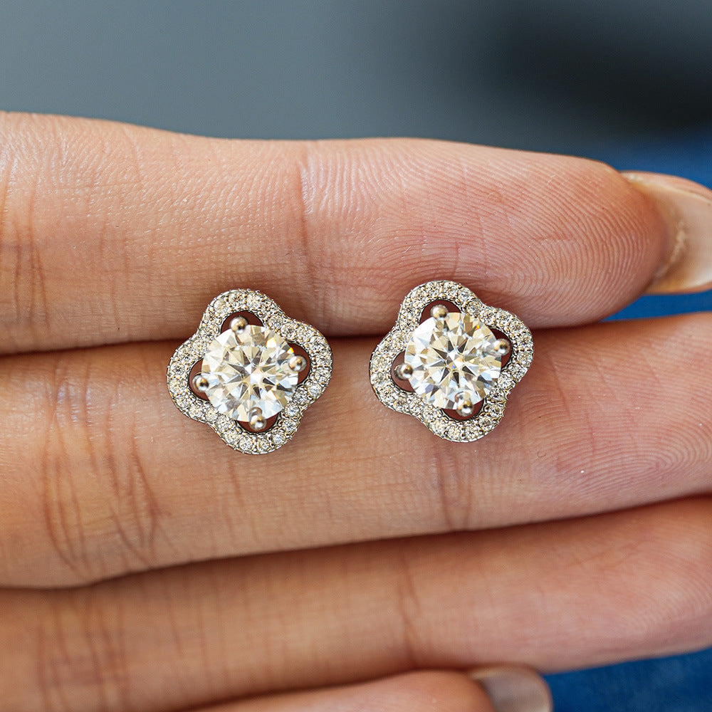 Moissanite Clover Halo Stud Earrings in 925 Sterling Silver
