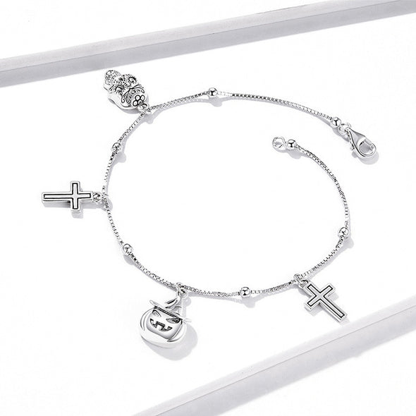 Halloween ‌‌Skeleton Cross Pumpkin Sterling Silver Bracelet