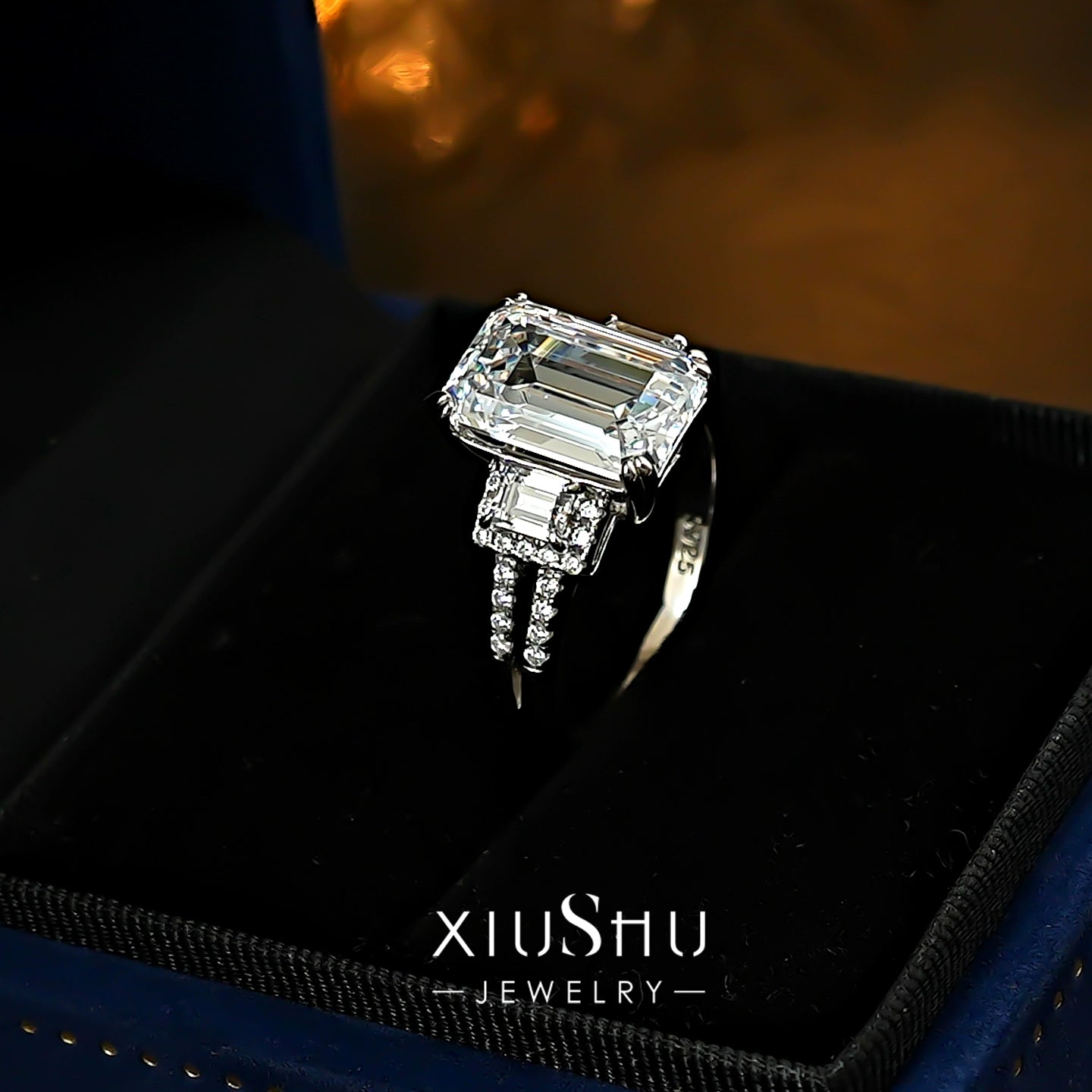Emerald-Cut Three-Stone Engagement Ring in 925 Sterling Silver