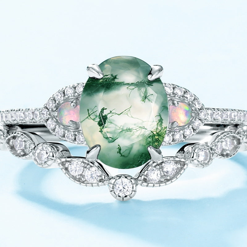 2 Pcs Natural Green Moss Agate Ring Set For Women
