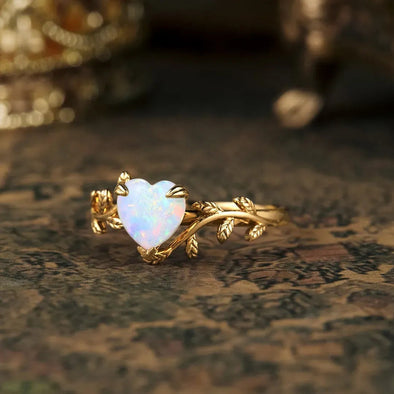 Retro Leaves Design Heart Shape Opal Ring