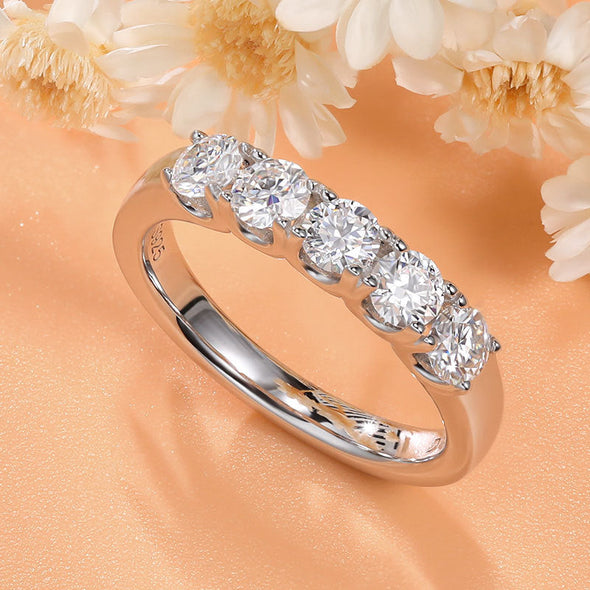 Five Stone 18K White Gold Plated Moissanite Band