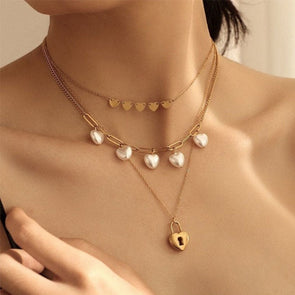 INS Triple Pearl Love Lock Stainless Steel Necklace