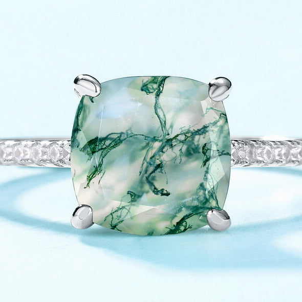 Cushion Shape Natural Green Moss Agate Ring