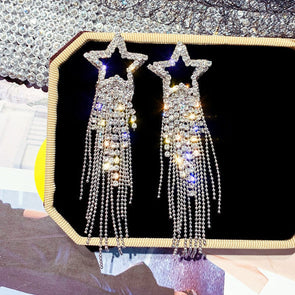 Sparkling Pentagram Design Tassel Drop Earrings