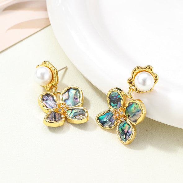 Retro Abalone Flower Pearl Tassel Earrings