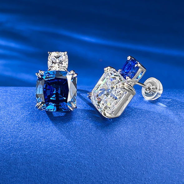 Asscher Cut and Cushion Cut Sapphire Blue Dangle Earrings in Sterling Silver