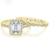 2.0 CT Emerald Cut Halo Sterling Silver Ring Set
