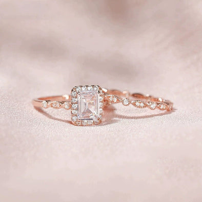 2.0 CT Emerald Cut Halo Sterling Silver Ring Set