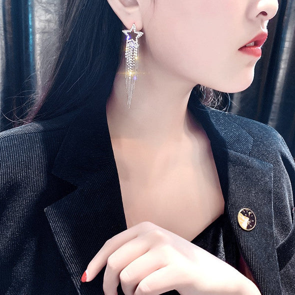 Sparkling Pentagram Design Tassel Drop Earrings