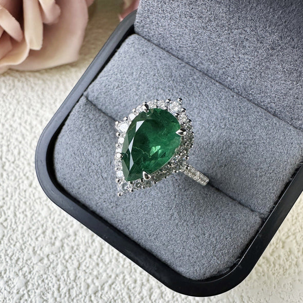 Unique 2.2ct Emerald Green Pear Cut  Sterling Silver Engagement Ring