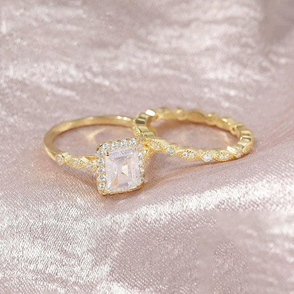 2.0 CT Emerald Cut Halo Sterling Silver Ring Set