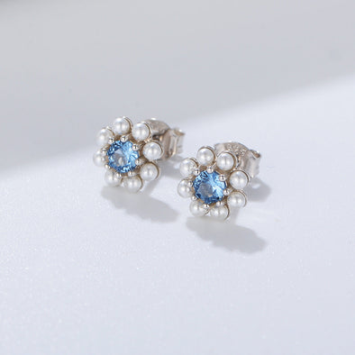 Blue Flower Design Pearls Stud Earrings